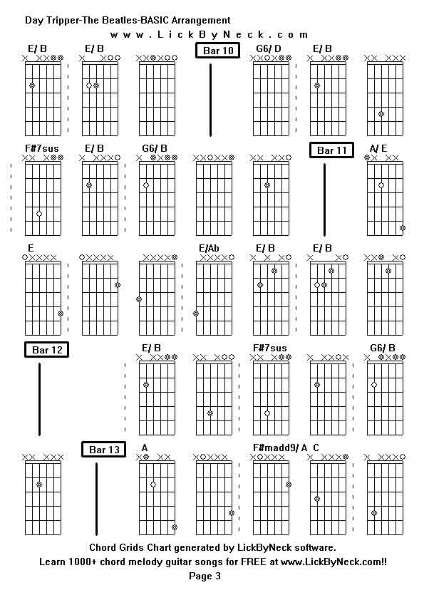 Chord Grids Chart of chord melody fingerstyle guitar song-Day Tripper-The Beatles-BASIC Arrangement,generated by LickByNeck software.